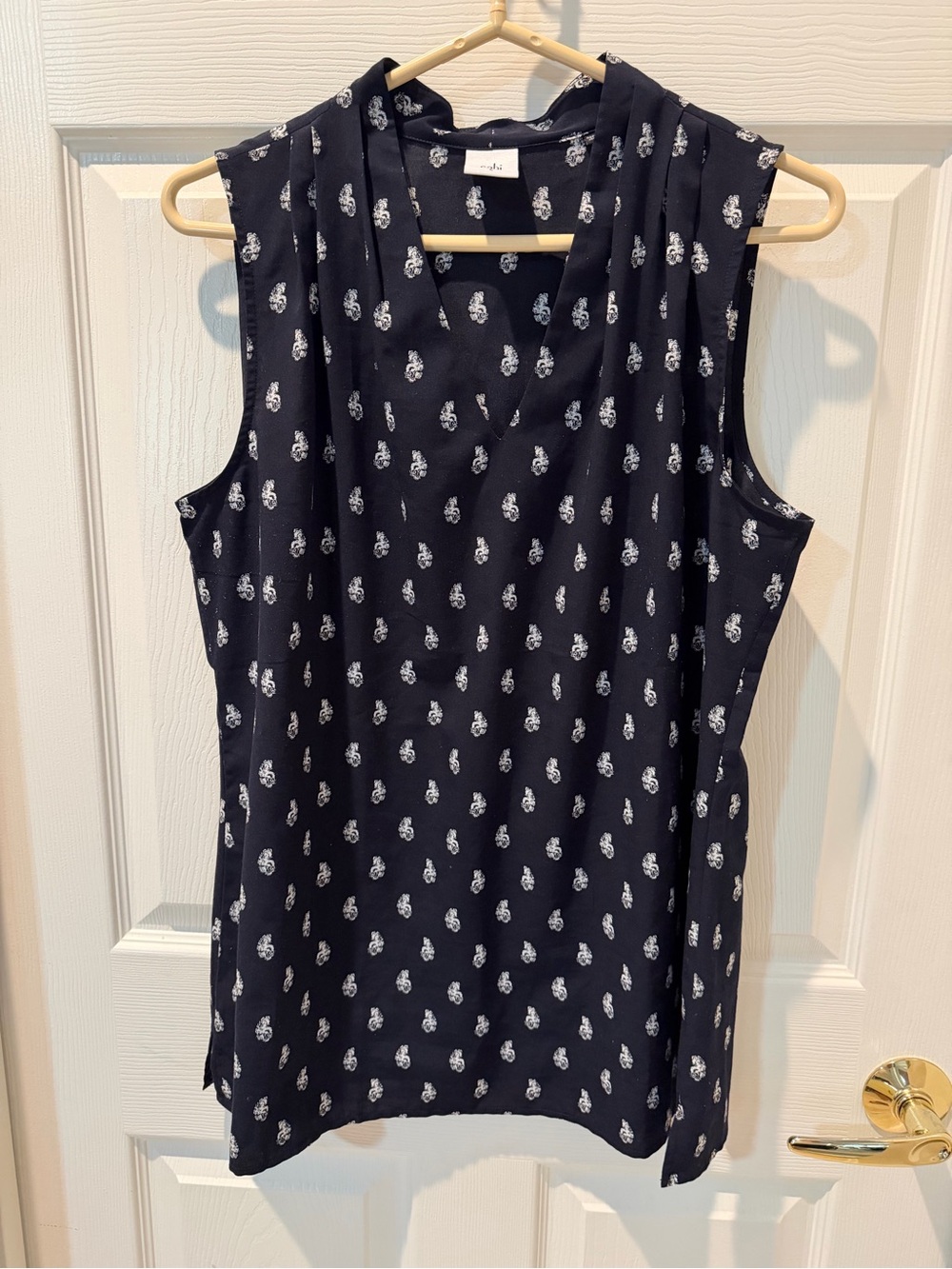 CAbi Navy Sleeveless Shell with White Paisley Motif